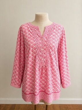 Talbots Pink Print Cotton Tunic Top Size L Boho Preppy
